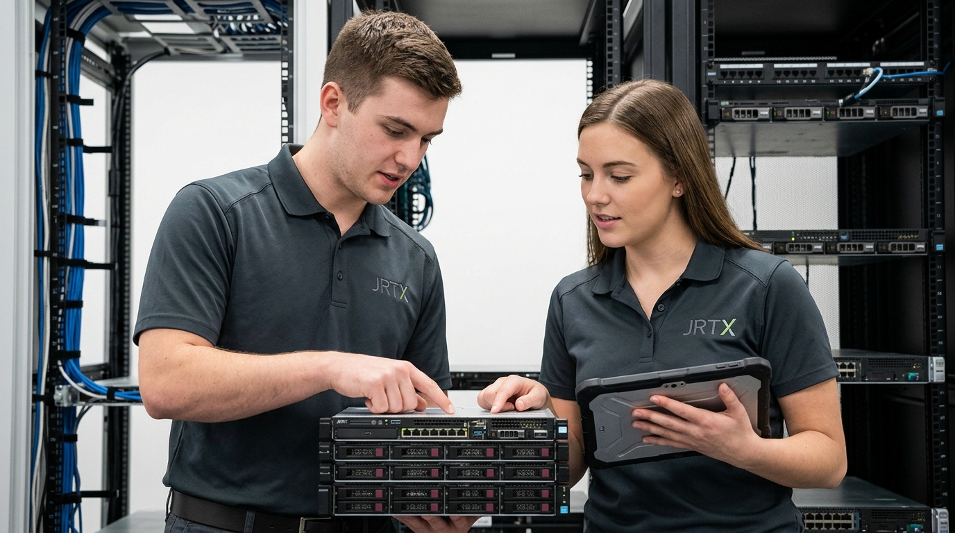 Equipe JRTX trabalhando na infraestrutura real dos servidores